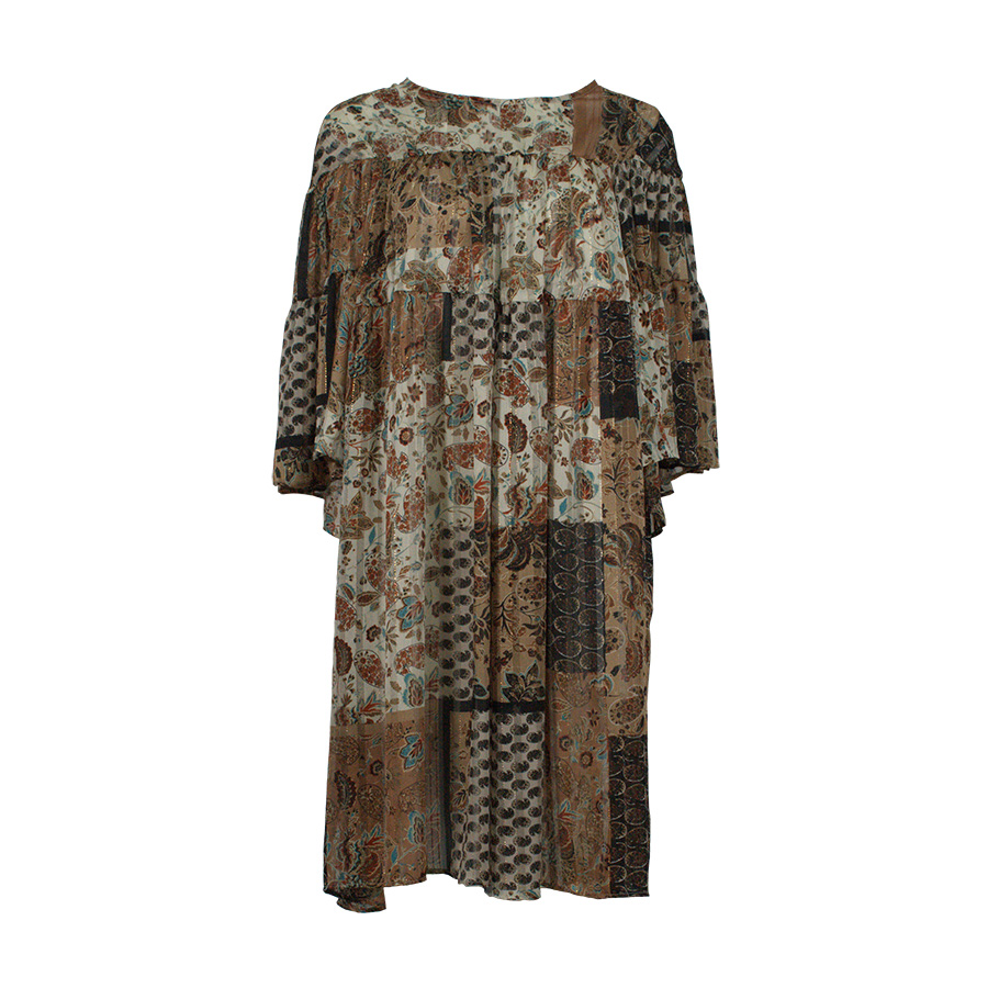 4017-00 Half-Sleeve Brown Fantasy Print Midi Dress