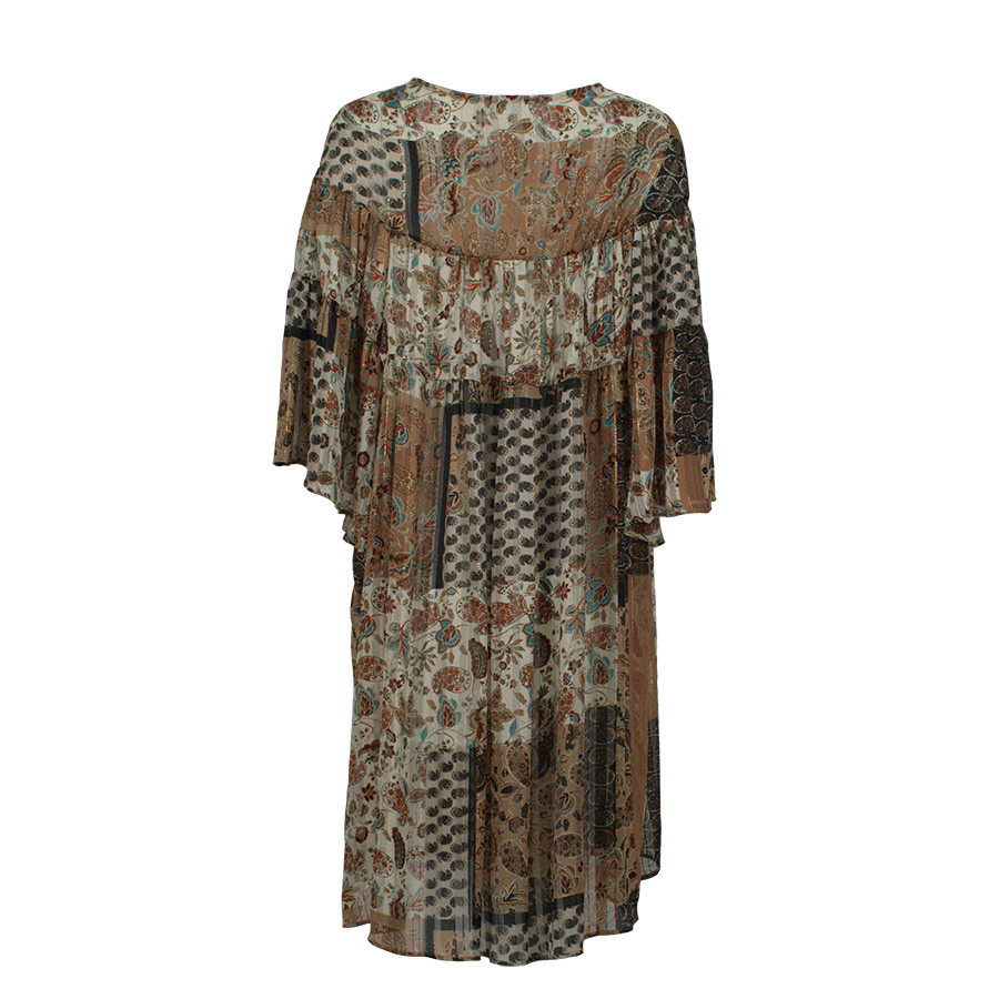 4017-01 Half-Sleeve Brown Fantasy Print Midi Dress
