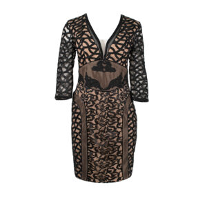 575079-00 Beige Dress With Black Lace Details