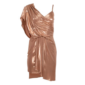 AB06611E2-00 Asymmetric Bronze Draped Dress