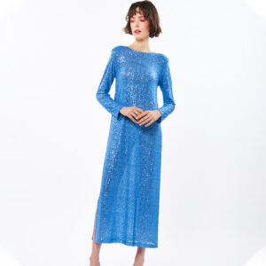 DF22362-mdl Μακρύ Μπλε Φόρεμα Με Πούλιες Manolo