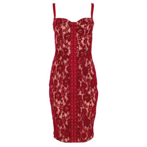 AB21127E2_AU2-00 Κόκκινο Δαντελωτό Βελουτέ Φόρεμα Elisabetta Franchi