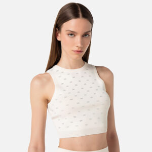 TK82B36E2_193-mdl2 Εκρού Πλκετό Crop Τοπ Με Logo Από Στρας elisabetta franchi