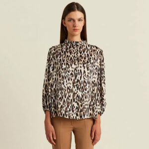 077.80.01.018_BEJ-mdl1 Μπλούζα Animal Print Με Γιακά Ψιλό Βολάν forel