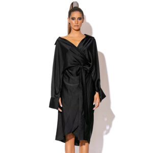 2316036_BLK-mdl1 Kalliopi Μαύρο Σατέν Κρουαζέ Φόρεμα GOLD GLOW