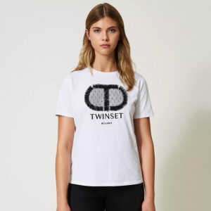232TT240B_11152-mdl1 Άσπρο T-Shirt Με Logo Τούλι twinset