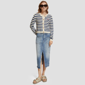 176370_1848 & 176629_6002-mdl1 Μπλε Ριγέ Πλεκτή Ζακέτα maison scotch and soda Midi Τζιν Φούστα Με Σκίσιμο