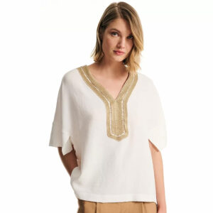 078.10.01.098_WHT-mdl2 Άσπρη Μπλούζα Με Χρυσή Τρέσσα forel