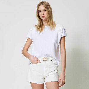 241TT2270_00001-mdl1 Άσπρο T-Shirt Με Δαντέλα Στα Μανίκια TWINSET