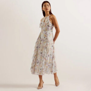 274664_WHT-mdl1 Lauriin Μακρύ Άσπρο Φλοράλ Φόρεμα Με Βολάν TED BAKER