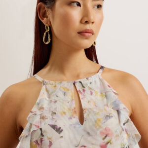 274664_WHT-mdl2 Lauriin Μακρύ Άσπρο Φλοράλ Φόρεμα Με Βολάν TED BAKER