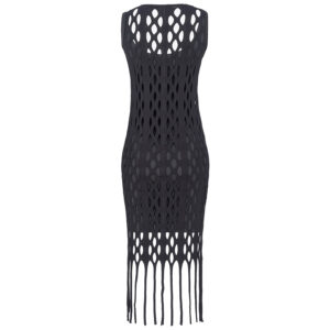103464Y7ZX_Z99-01 Kill Bill Midi Μαύρο Διάτρητο Φόρεμα Με Κρόσσια pinko