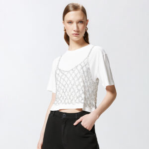 105145A2LT_ZI6-mdl2 Victor Άσπρο Κοντό T-Shirt Με Ασημί Δίχτυ pinko