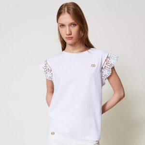 251TT2411_00001-mdl1 Άσπρο T-Shirt Με Logo Και Δαντέλα TWINSET