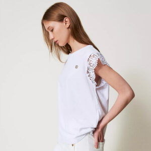 251TT2411_00001-mdl2 Άσπρο T-Shirt Με Logo Και Δαντέλα TWINSET