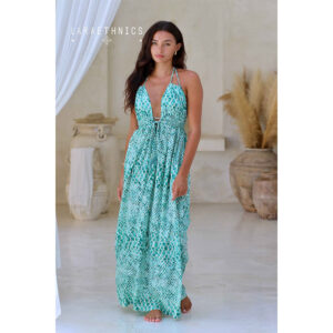 LE251CORALIE_2946-mdl1 Coralie Python Turquoise Μακρύ Τυρκουάζ Εξώπλατο Φόρεμα LARA ETHNICS