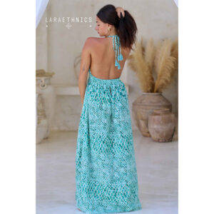 LE251CORALIE_2946-mdl3 Coralie Python Turquoise Μακρύ Τυρκουάζ Εξώπλατο Φόρεμα LARA ETHNICS
